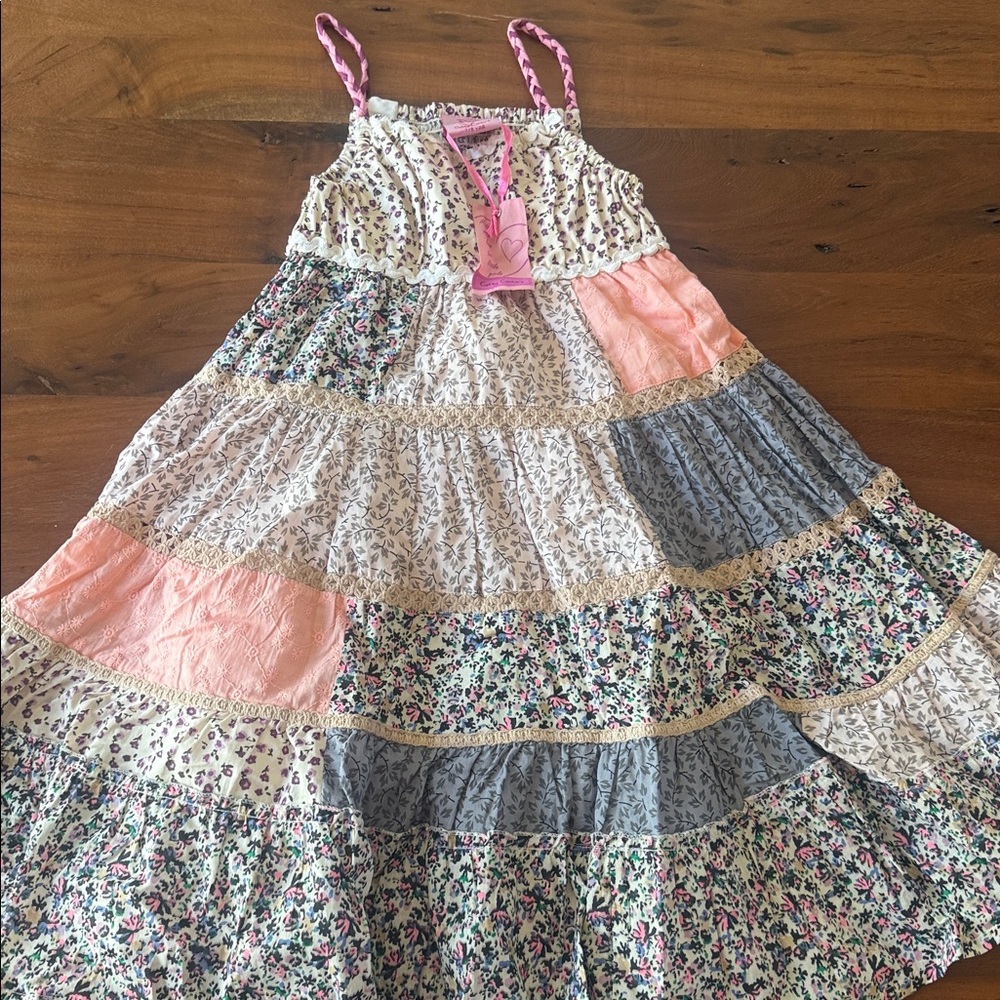 Floral Patchwork Maxi Dress with Pink Straps